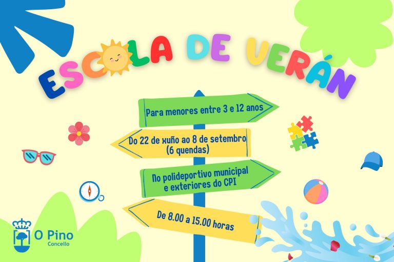 Cartel da Escola de Verán 2023, o programa de conciliación para menores de 3 a 12 anos do Concello de O Pino